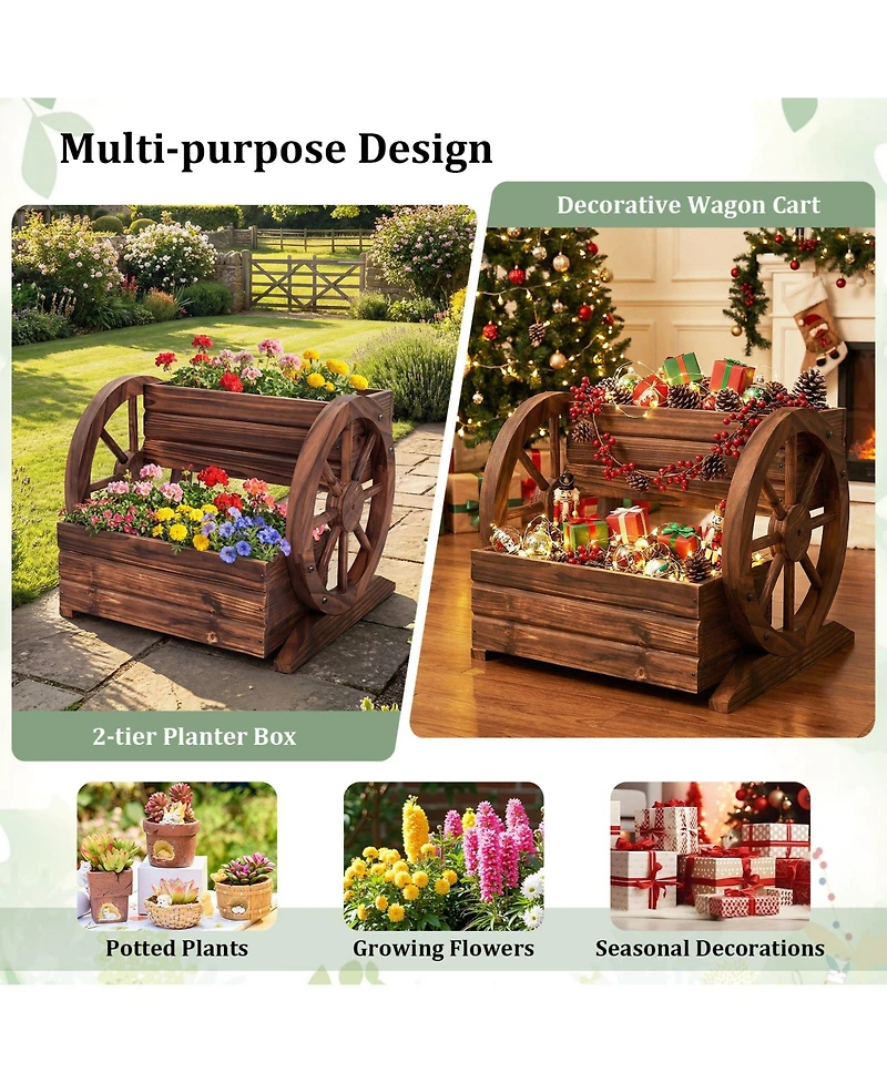 Sugift 2-Tier Raised Garden Bed Rustic Wood Wagon Shape With Drainage Holes And Wheels
