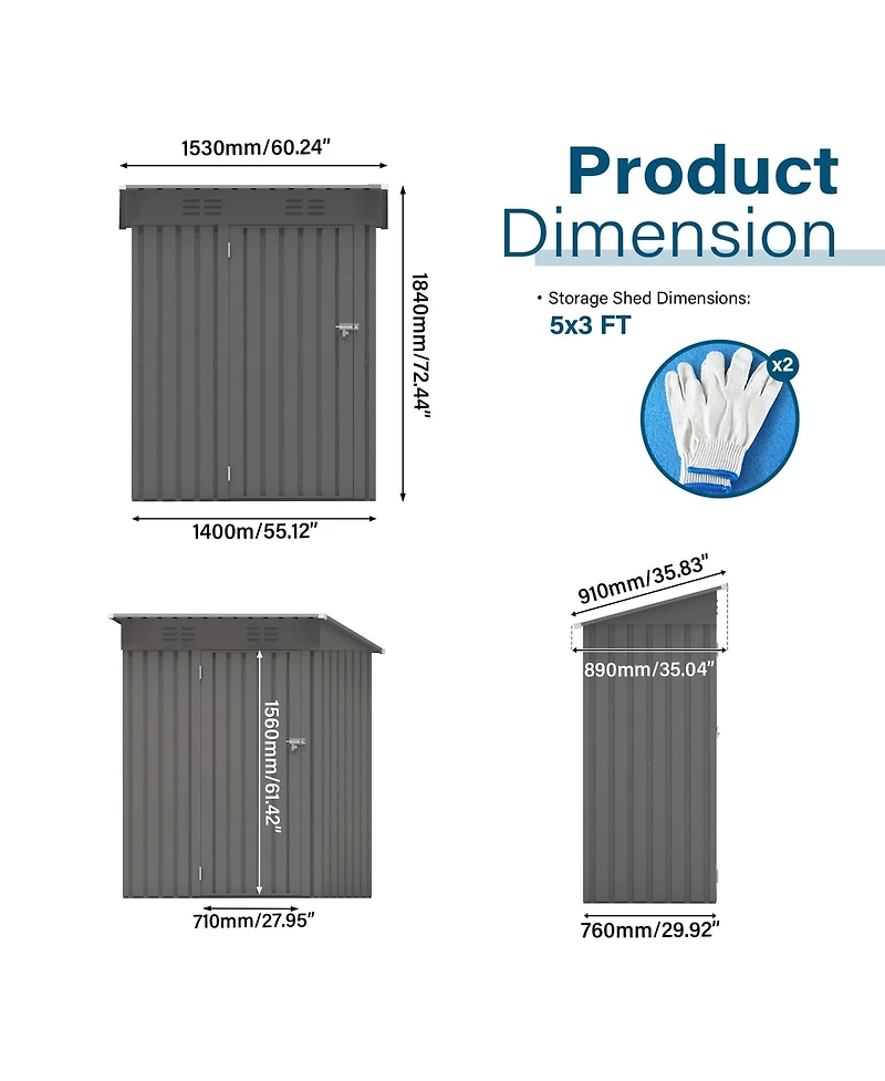 Mondawe 5 x 3 Ft Outdoor Metal Storage Shed with Lockable Door, Compact Garden Tool Shed with Pitched Roof