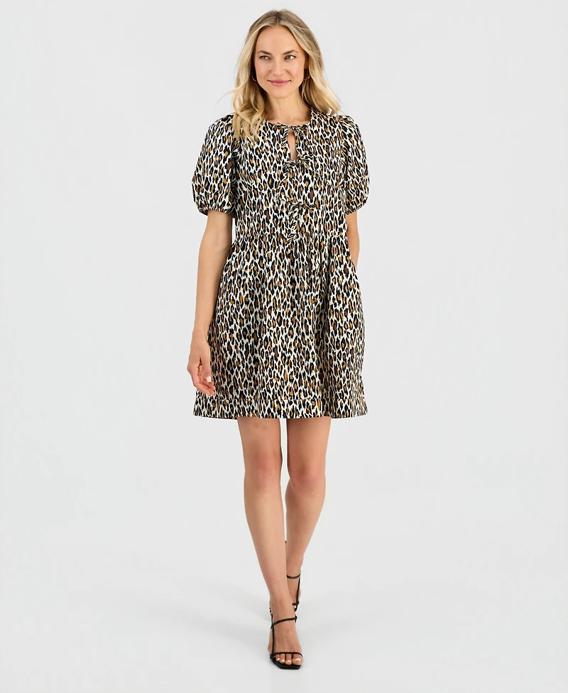 Robbie Bee Women's Printed Puff-Sleeve Cotton Mini Dress