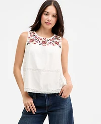Lucky Brand Women's Embroidered-Yoke Lace-Inset Top