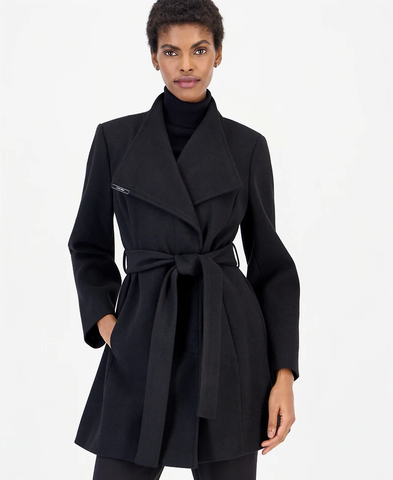 Calvin Klein Women's Wing Collar Belted Wrap Coat