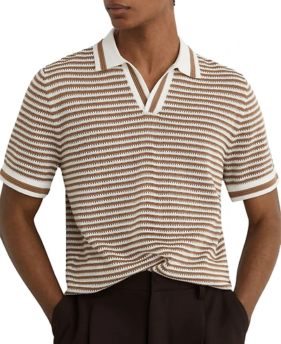 Reiss Men's Carl Ford Textured Stripe Linen Blend Open Neck Polo Shirt