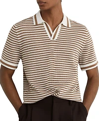 Reiss Men's Carl Ford Textured Stripe Linen Blend Open Neck Polo Shirt