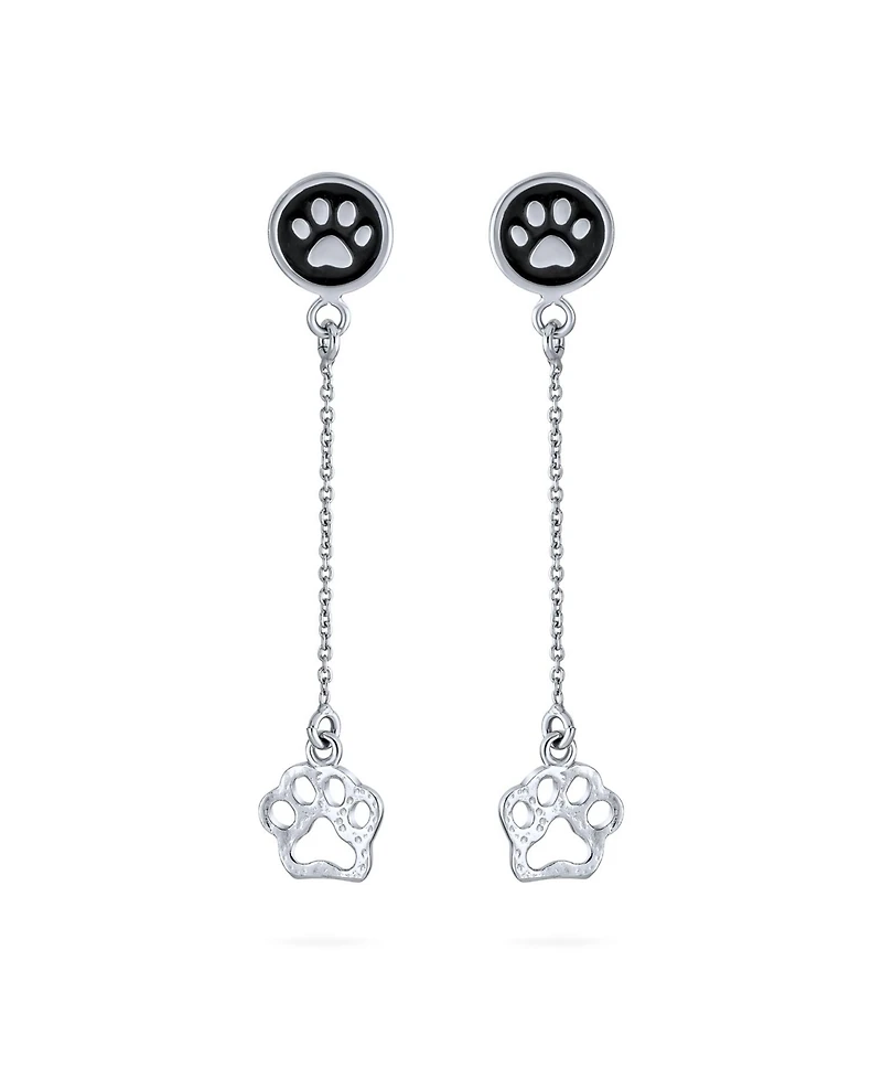 Bling Jewelry Bff Animal Lover Black Enamel Pet Paw Print Long Dangle Earrings .925 Sterling Silver