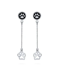 Bling Jewelry Bff Animal Lover Black Enamel Pet Paw Print Long Dangle Earrings .925 Sterling Silver