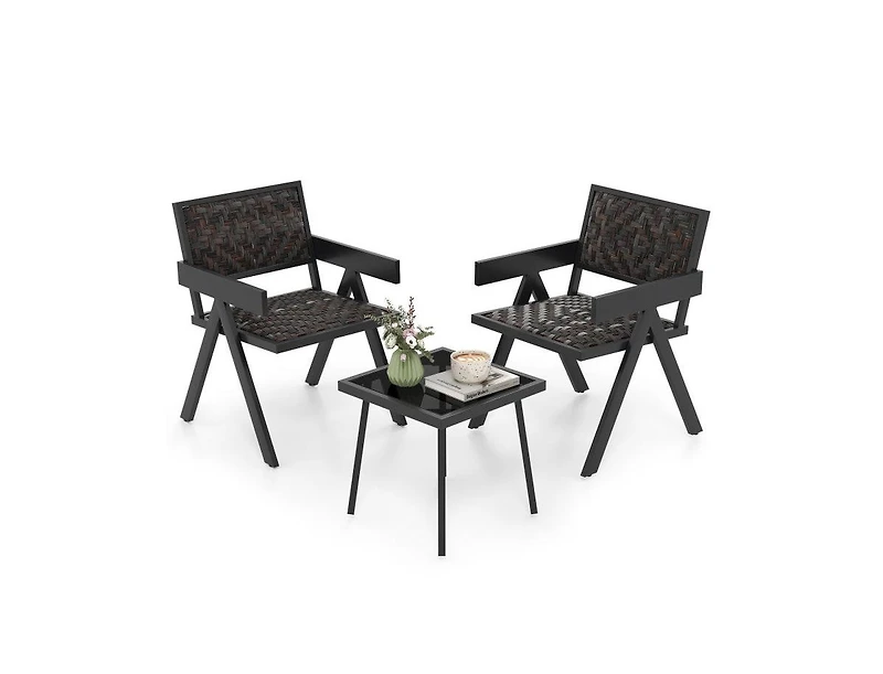 Lucky One 3 Piece Patio Wicker Bistro Set with Quick Dry Foam Cushions Glass Table