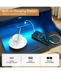 homfan Rattan Nightstand with Charging Station Led Light, 2 Decorative Rattan Drawers and Open Shelves Modern Small End Table for Living Room