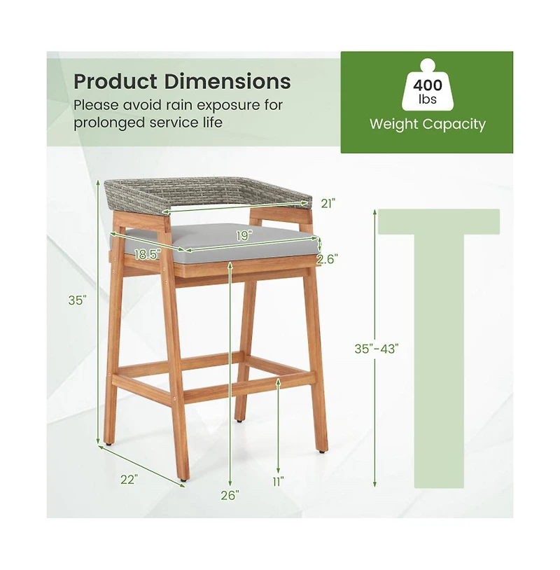 Boyel Living Set of 2 Patio Acacia Wood Counter Height Bar Stools with Cushions and Pe Wicker Backrests Footrests