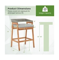 Boyel Living Set of 2 Patio Acacia Wood Counter Height Bar Stools with Cushions and Pe Wicker Backrests Footrests
