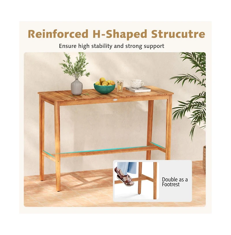 Boyel Living Acacia Wood Counter Height Table with Slatted Tabletop and Footrest Crossbar
