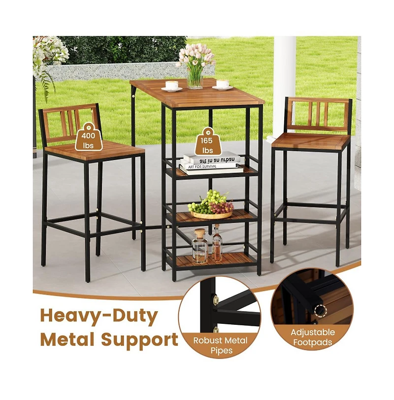 Boyel Living 3 Pieces Outdoor Wood Bar Set with 3-Tier Storage Shelf and Metal Frame