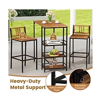 Boyel Living 3 Pieces Outdoor Wood Bar Set with 3-Tier Storage Shelf and Metal Frame