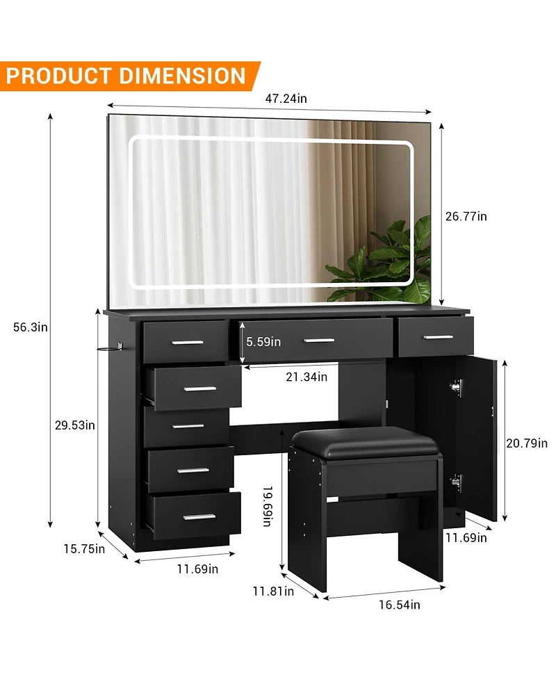 gaomon Modern Vanity Desk Set with Mirror, 7 Drawers, 3-Mode Led Lighting, Hair Dryer Holder - Makeup Dressing Table with Chair for Bedroom