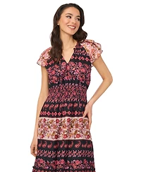 CeCe Women's Tie-Neck Smocked Waist Printed Dress