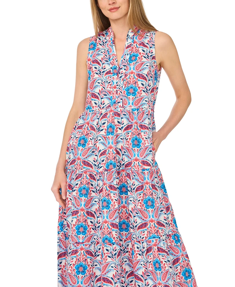 CeCe Women's Printed Collared V-Neck Sleeveless Dress