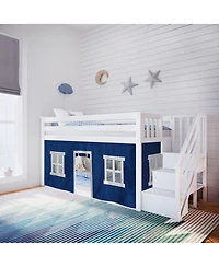 Max & Lily Twin Low Bunk Bed with Staircase and Curtains