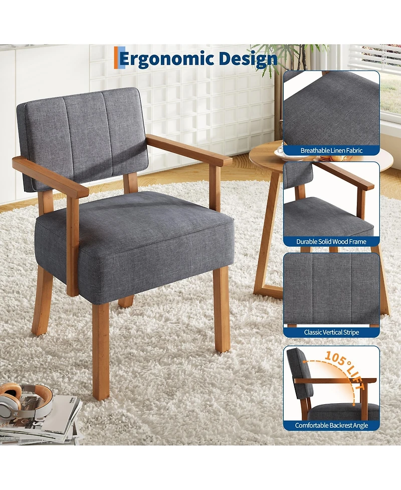 homfan Mid-Century Modern Dining Accent Chair – Sturdy Wood Frame Pu Leather or Linen Upholstery Vertical Stripes Button Tufting