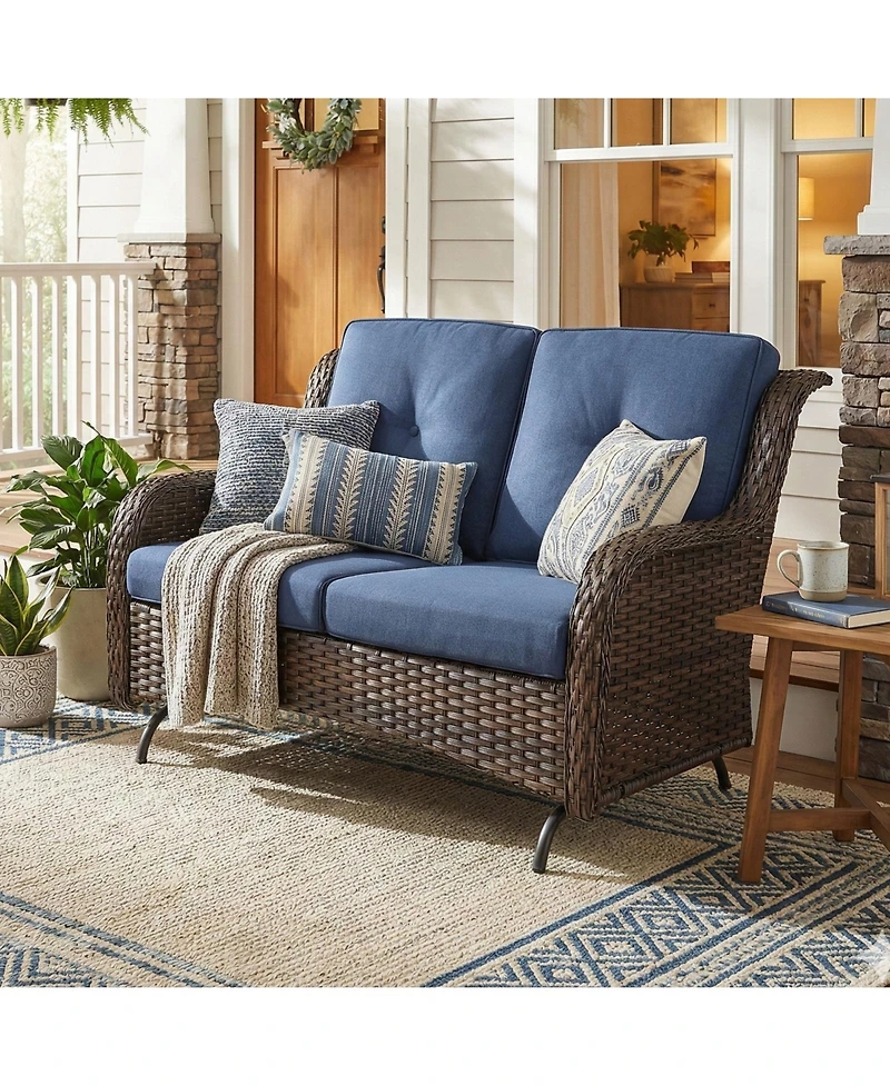 Pocassy 2-Person Wicker Outdoor Patio Glider Couch with Deep Seating and Cushions, Suitable for Porch Deck Balcony
