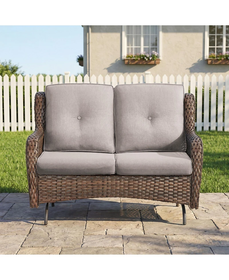 Pocassy 2-Person Wicker Outdoor Patio Glider Couch with Deep Seating and Cushions, Suitable for Porch Deck Balcony