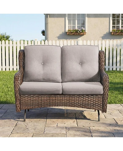 Pocassy 2-Person Wicker Outdoor Patio Glider Couch with Deep Seating and Cushions, Suitable for Porch Deck Balcony