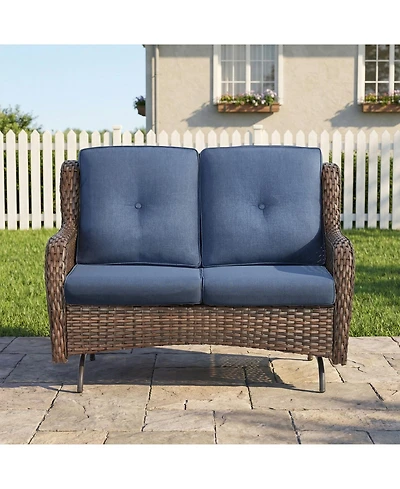 Pocassy 2-Person Wicker Outdoor Patio Glider Couch with Deep Seating and Cushions, Suitable for Porch Deck Balcony