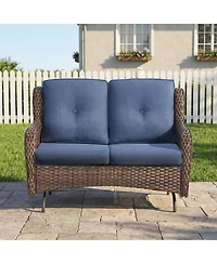 Pocassy 2-Person Wicker Outdoor Patio Glider Couch with Deep Seating and Cushions, Suitable for Porch Deck Balcony
