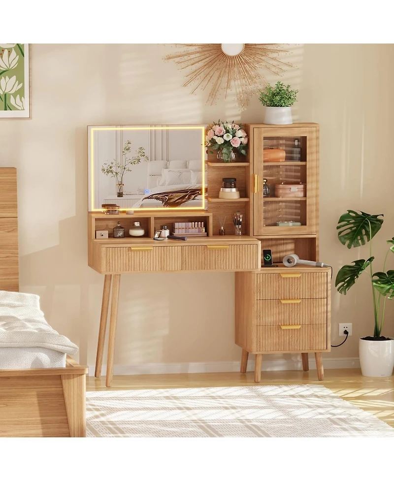 gaomon Modern Makeup Vanity Desk with 24 in Hd Led Mirror, 5 Drawers, Power Outlet & Usb Ports, Wood Finish