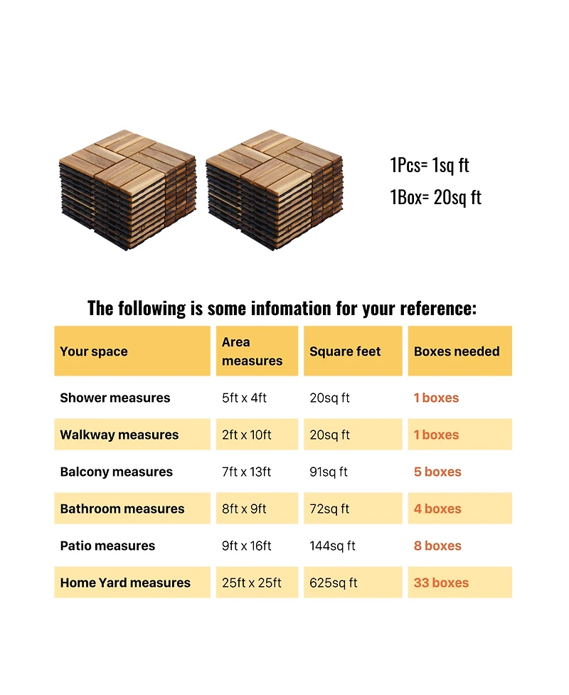 Mondawe 12-inch x 12-inch Acacia Wood Checker Pattern Interlocking Deck Tiles
