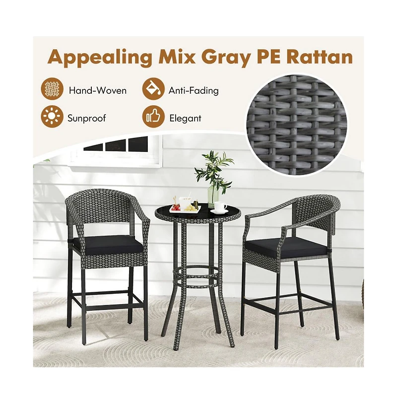 Boyel Living 3-Piece Patio Rattan Bar Set with Tempered Glass Top for Backyard Poolside