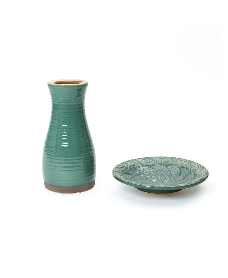LuxenHome Aqua Green Ceramic Birdbath with Peacock Feather Design Basin, 20.47" Outdoor Garden Accent
