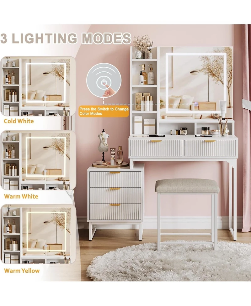 gaomon Vanity Makeup Desk with Led Mirror, 3 Light Modes, 5 Drawers and Removable Cabinet, Modern Dressing Table Set
