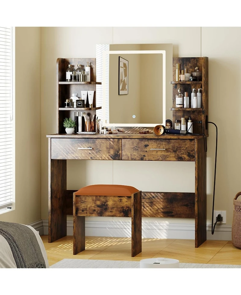 gaomon Makeup Vanity Desk with Smart Led Mirror & Charging Station, 6 Shelves, 2 Drawers & Soft Stool