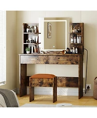 gaomon Makeup Vanity Desk with Smart Led Mirror & Charging Station, 6 Shelves, 2 Drawers & Soft Stool