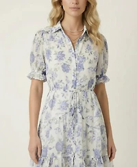Modenaire Women's Floral Tie-Waist Ruffle-Hem Shirt Dress
