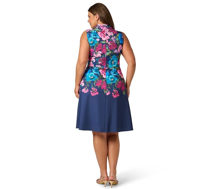 Adrianna Papell Plus Printed V-Neck Sleeveless Midi Dress