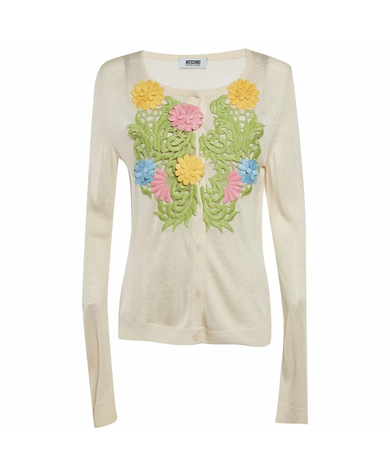 Pre-Owned Moschino Women's Cheap And Chic Cream Knit Floral Applique Detail Cardigan