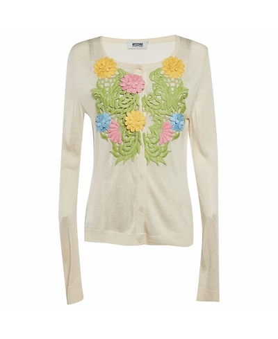 Pre-Owned Moschino Women's Cheap And Chic Cream Knit Floral Applique Detail Cardigan