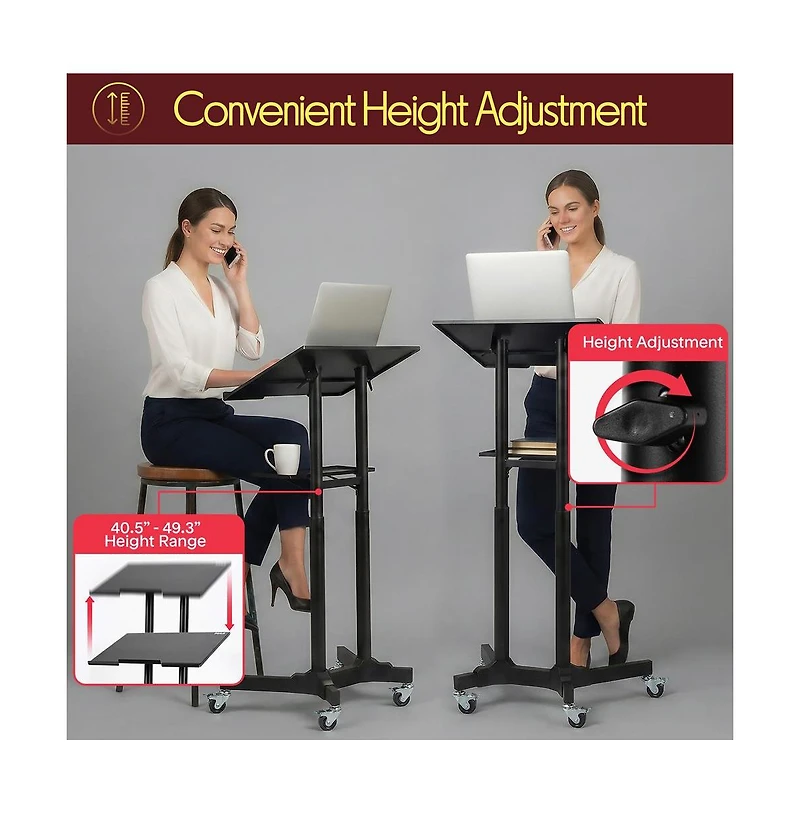 Pyle Adjustable Mobile Lectern Podium Stand with Led Light - Rolling Presentation Desk with Shelves and Locking Wheels