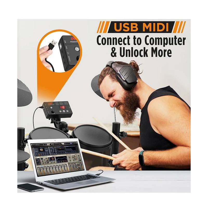Pyle 7-Piece Electric Drum Set with Midi Support, Preloaded Sounds, Cymbals, Foot Pedals, and Mac/Pc Compatibility
