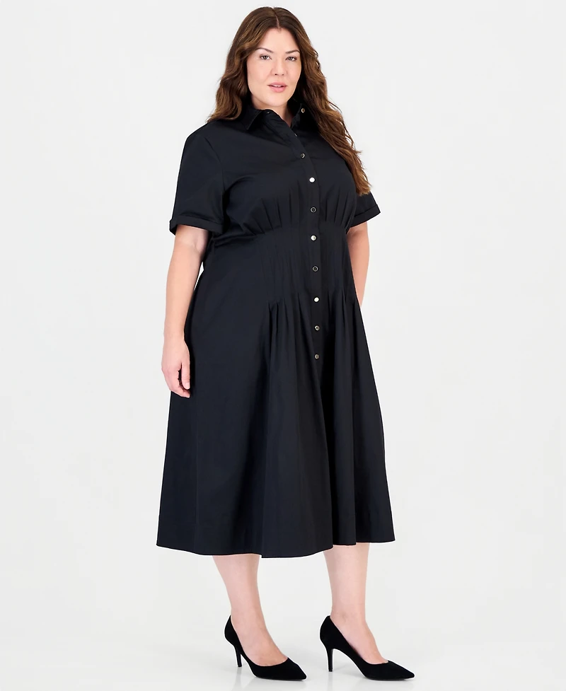 Anne Klein Plus Fit & Flare Pleated Waist Midi Shirt Dress