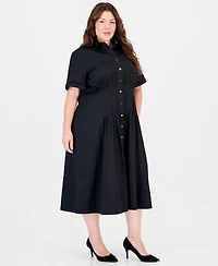 Anne Klein Plus Fit & Flare Pleated Waist Midi Shirt Dress