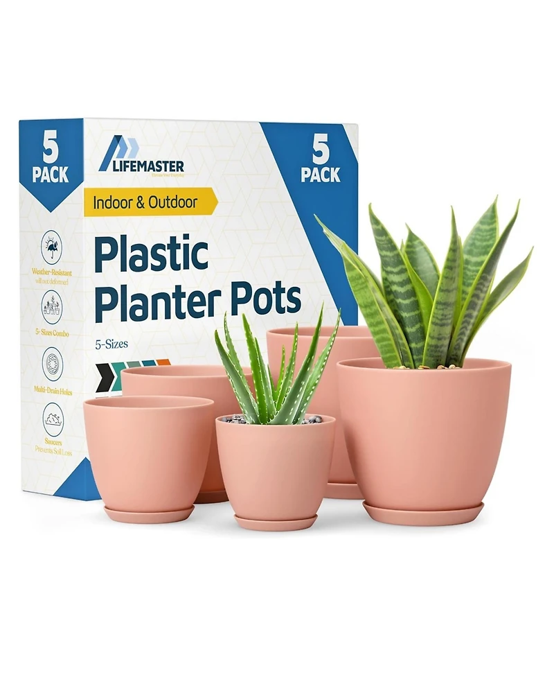 Lifemaster Lightweight, durable pink planter pots with drainage holes simple modern design for indoor/outdoor use.