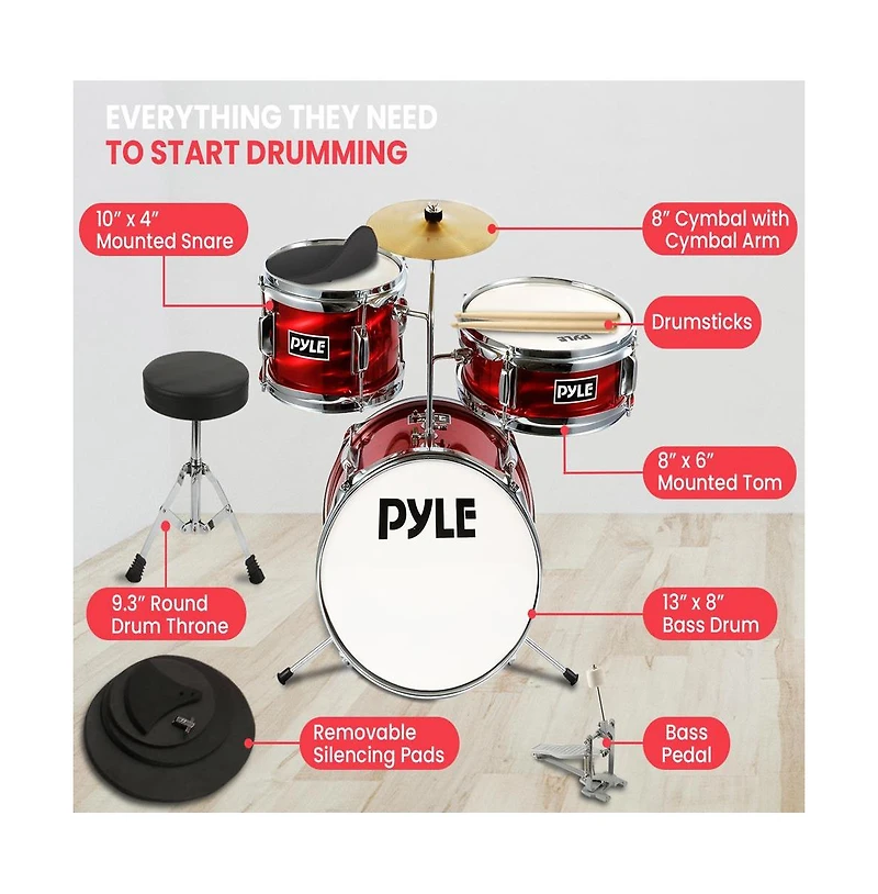 Pyle 3-Piece Kids Drum Set - 13" Metallic Red Junior Drum Kit with Throne, Cymbal, Bass Pedal, Tom & Drumsticks