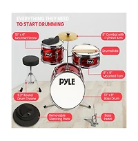 Pyle 3-Piece Kids Drum Set - 13" Metallic Red Junior Drum Kit with Throne, Cymbal, Bass Pedal, Tom & Drumsticks