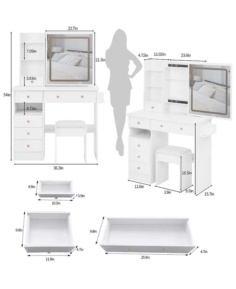 Rainsken Makeup Vanity Set with Touch Control Led Sliding Mirror, Cushioned Stool, Makeup Desk with Usb Charge and Hair Dryer Stand for Bedroom