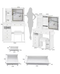 Rainsken Makeup Vanity Set with Touch Control Led Sliding Mirror, Cushioned Stool, Makeup Desk with Usb Charge and Hair Dryer Stand for Bedroom