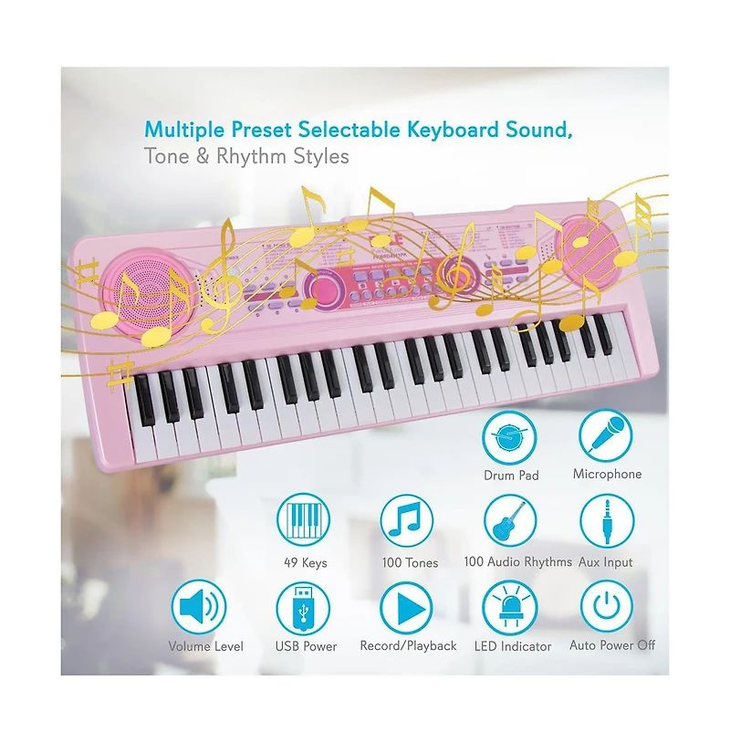 Pyle Portable Kids Karaoke Piano Keyboard with Wired Microphone, Rechargeable Battery - 49 Keys, PKBRD4911PK