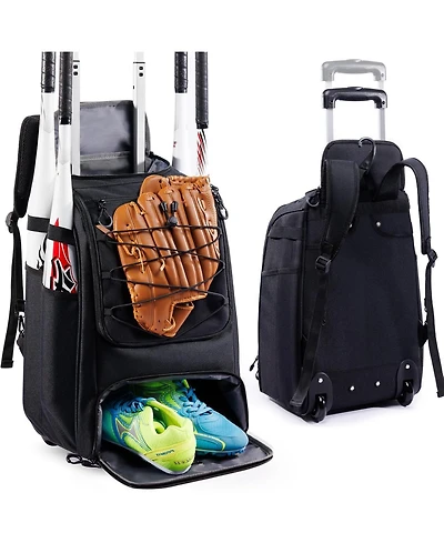 Furlihong Wheeled 60L Youth Baseball Bag - Holds 4 Bats, Rolling Equipment with Shoe Compartment and Fence Hook, for Boys Girls Age 8+