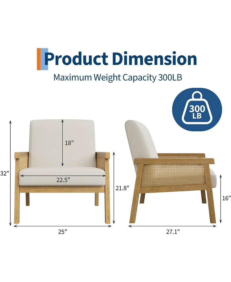 gaomon Linen Accent Chair,Rattan Armchair with Wooden Frame,High Back,Upholstered Reading Chair Leisure Chairs for Living Room Bedroom