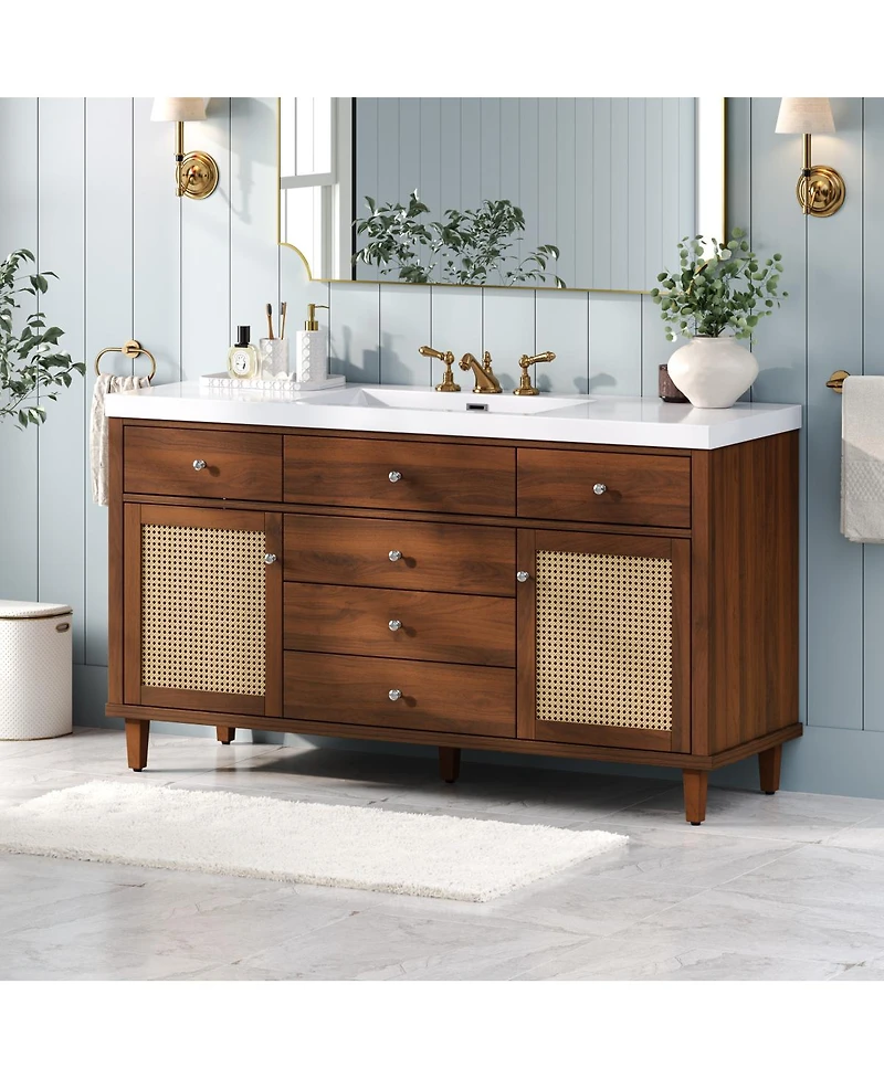 Sillysis 60 Inch Modern Bathroom Vanity with Sink, Brown Solid Wood Mdf Cabinet, Rattan Doors, Soft Close Drawers, Pine Legs